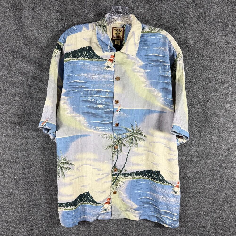 Tommy Bahama 100% Silk Hawaiian Shirt Mens M Diamond Head Sailboat Palm Tree